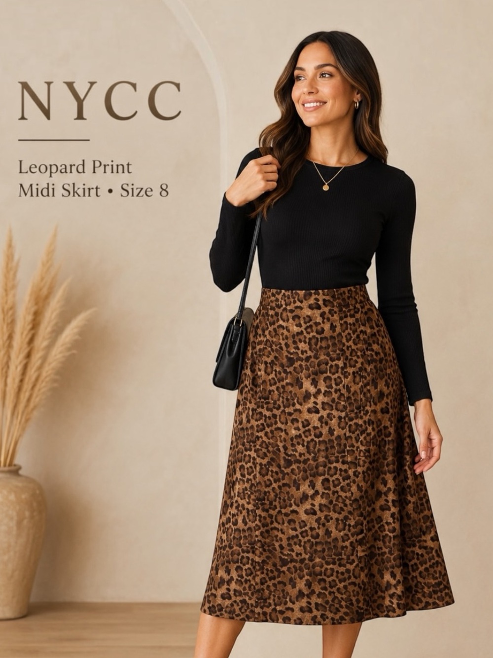 NYCC Leopard Print Midi Skirt Womenโs 8 A-Line Brown Black Animal Print